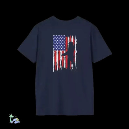 A navy blue t-shirt with a graphic design depicting a silhouette of a person in front of an American flag.