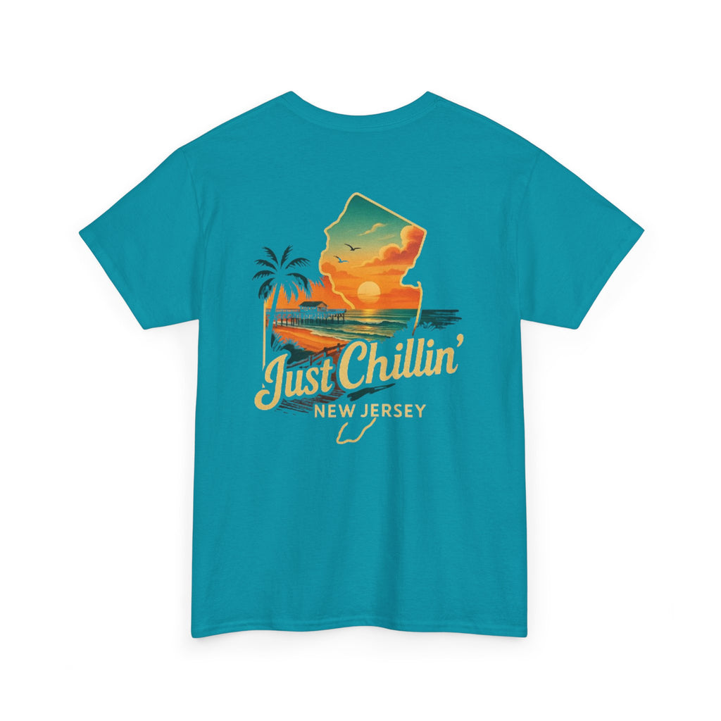 Unisex Heavy Cotton Tee - Just Chilling NJ Sunset Design, Casual Wear, Summer Vibes, Beach Outfit, Gift for Friends, Relaxation Tee