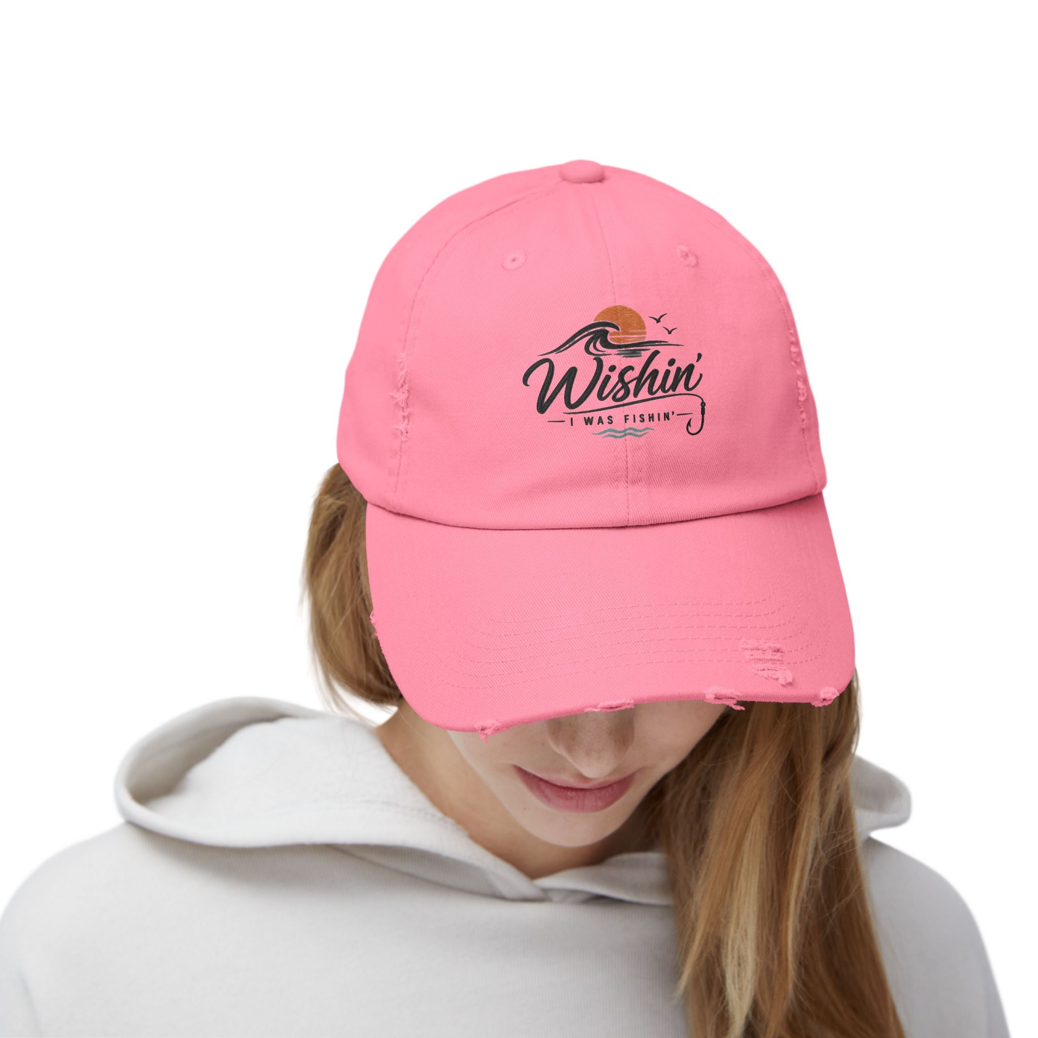 Distressed Baseball Cap - "Wishin' I Was Fishin'" Vintage Fishing Hat