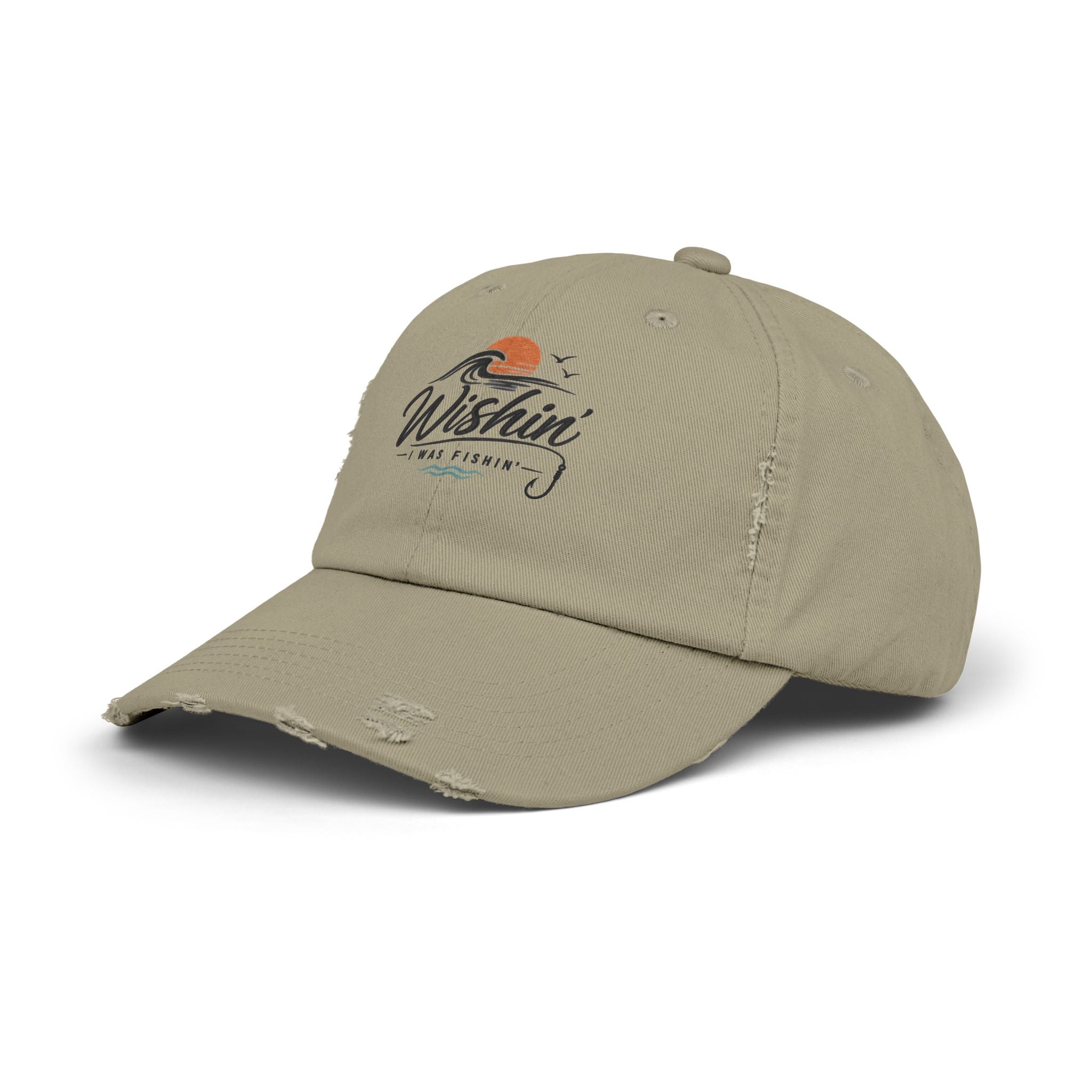 Distressed Baseball Cap - "Wishin' I Was Fishin'" Vintage Fishing Hat