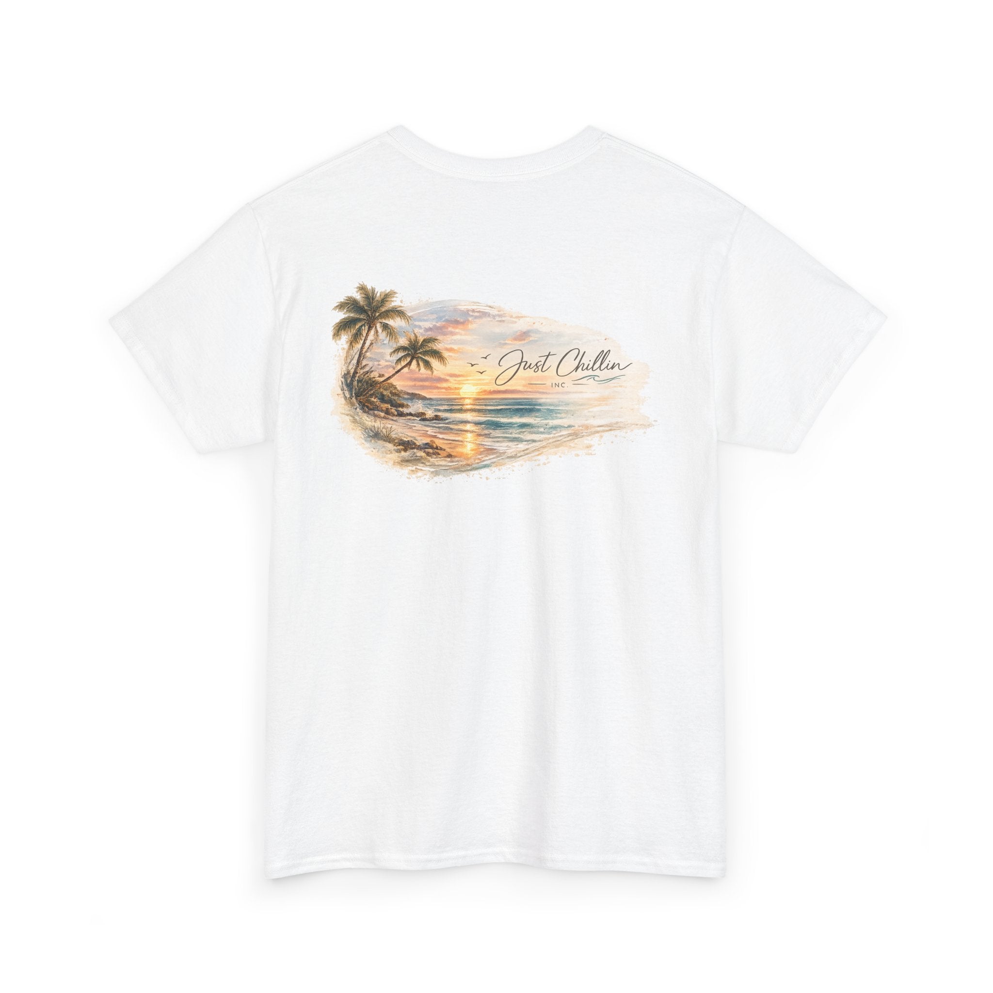 Just Chillin Sunset Palm Tee – Vintage Coastal Graphic T-Shirt