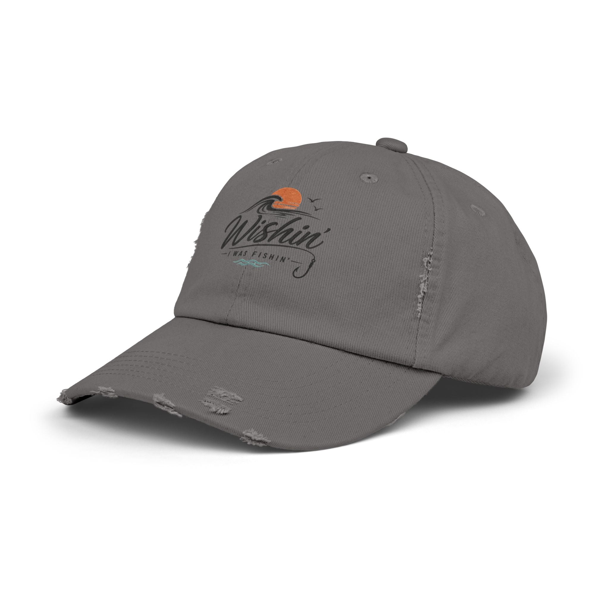 Distressed Baseball Cap - "Wishin' I Was Fishin'" Vintage Fishing Hat