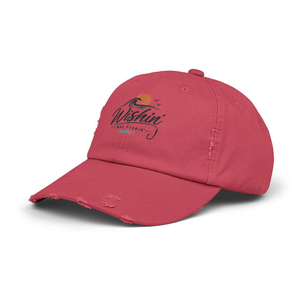 Distressed Baseball Cap - "Wishin' I Was Fishin'" Vintage Fishing Hat