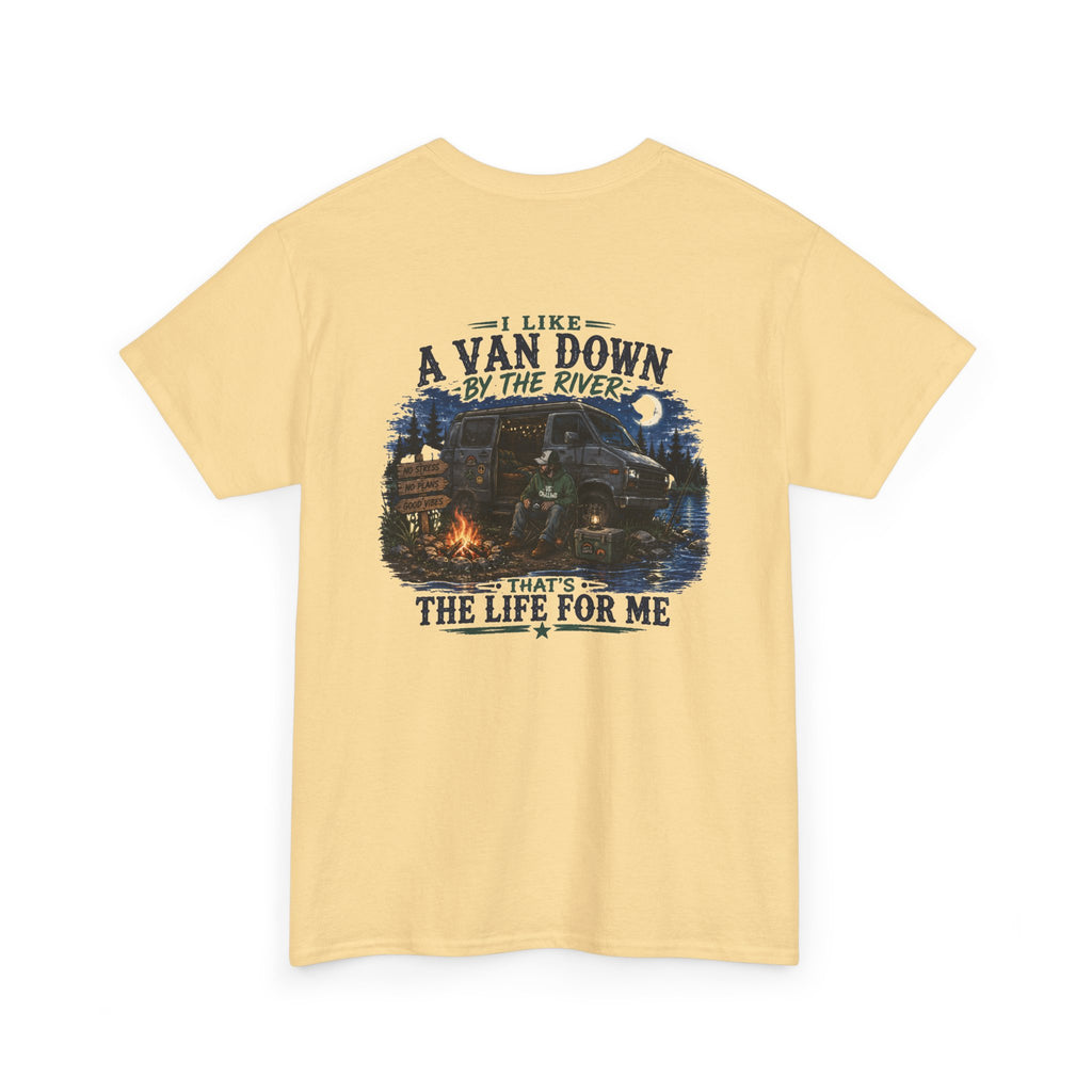 T-Shirt — “I Like a Van Down by the River” Vintage Campfire Van Life Tee