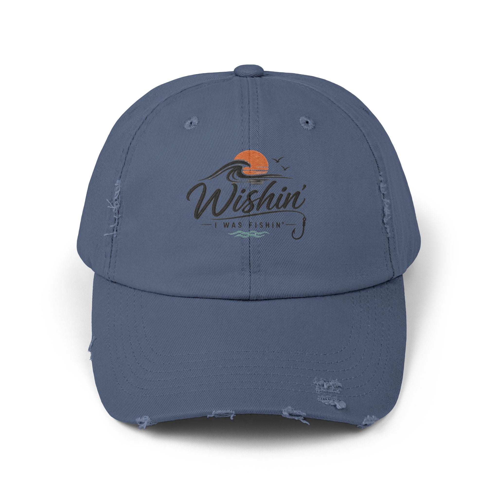 Distressed Baseball Cap - "Wishin' I Was Fishin'" Vintage Fishing Hat