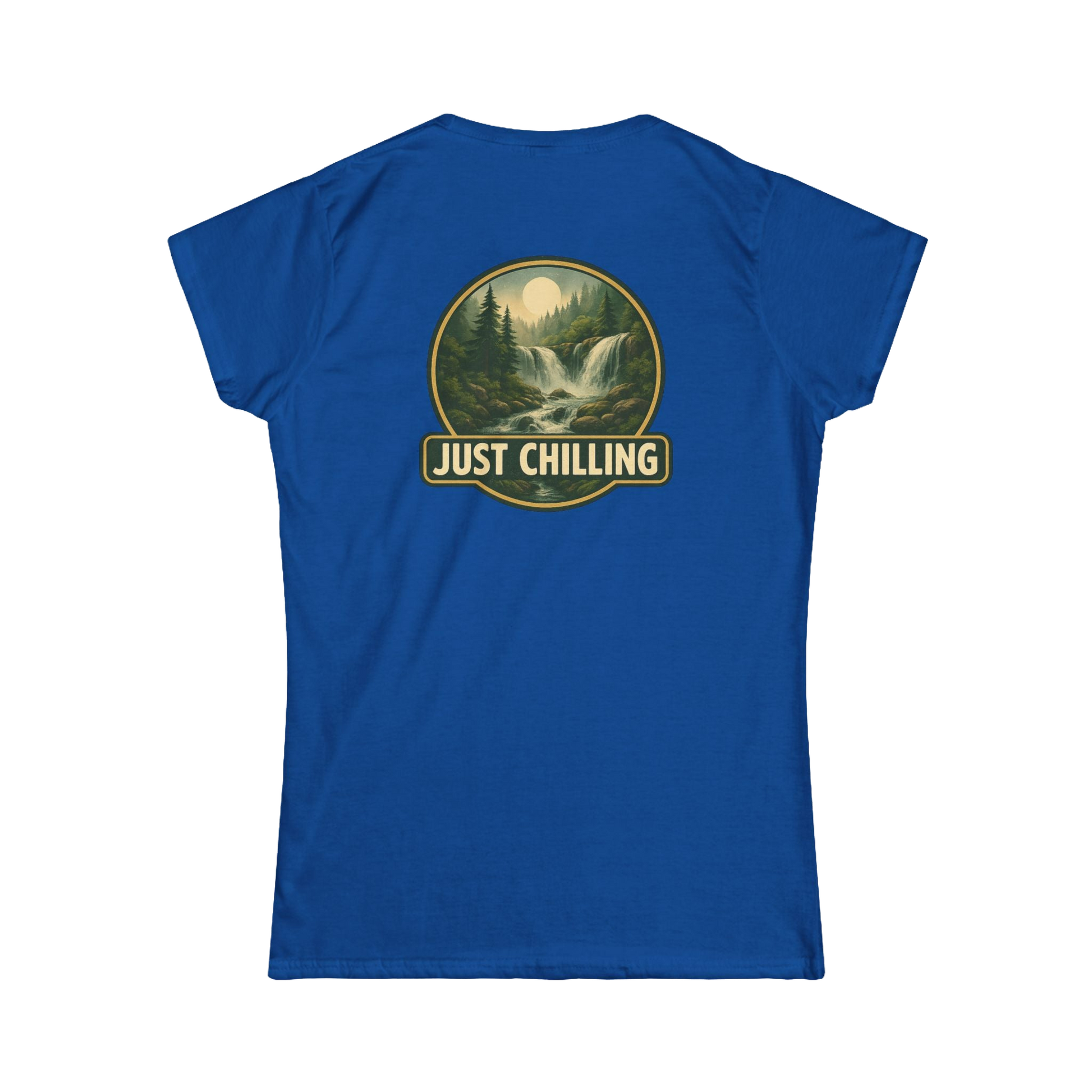 A blue t-shirt with a graphic design on the back, depicting a waterfall surrounded by trees and mountains. The text "JUST CHILLING" is displayed above the image.