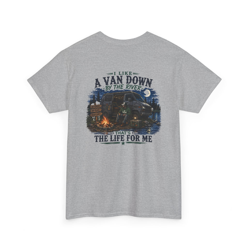 T-Shirt — “I Like a Van Down by the River” Vintage Campfire Van Life Tee