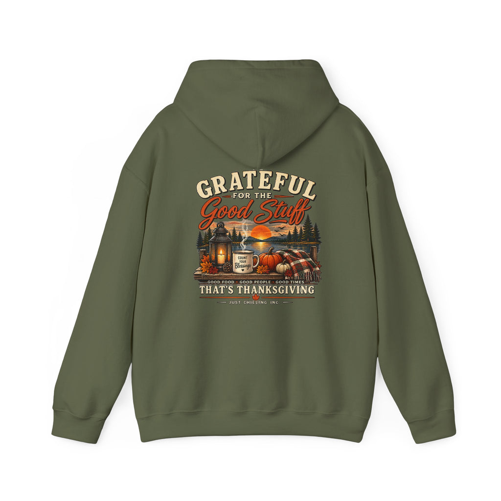 Gray hoodie with a graphic design on the back featuring roses and text.