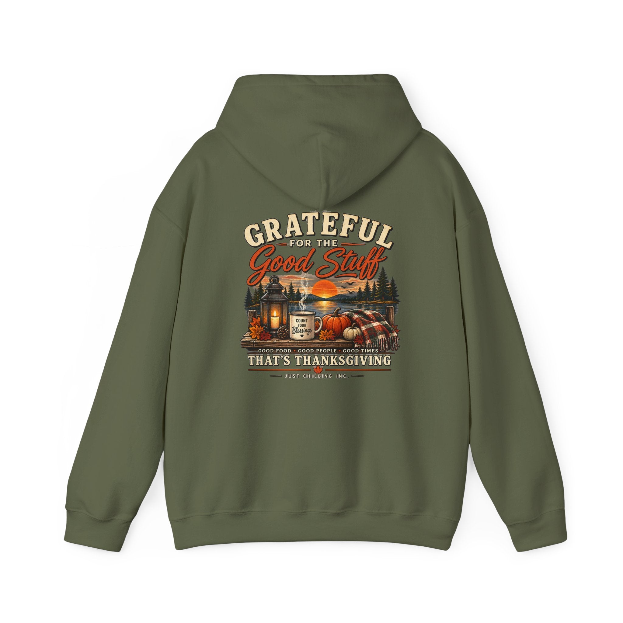 Gray hoodie with a graphic design on the back featuring roses and text.