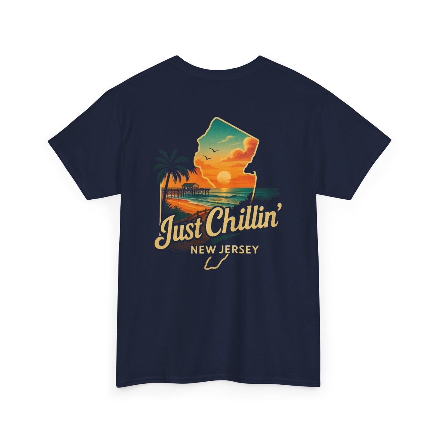 Unisex Heavy Cotton Tee - Just Chilling NJ Sunset Design, Casual Wear, Summer Vibes, Beach Outfit, Gift for Friends, Relaxation Tee
