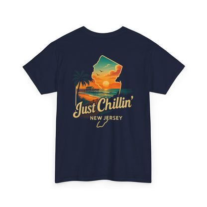 Unisex Heavy Cotton Tee - Just Chilling NJ Sunset Design, Casual Wear, Summer Vibes, Beach Outfit, Gift for Friends, Relaxation Tee