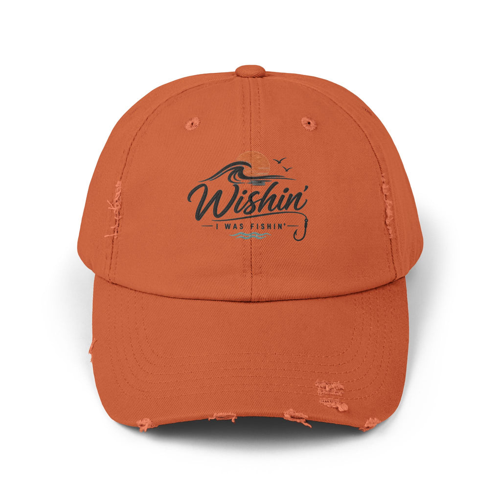 Distressed Baseball Cap - "Wishin' I Was Fishin'" Vintage Fishing Hat