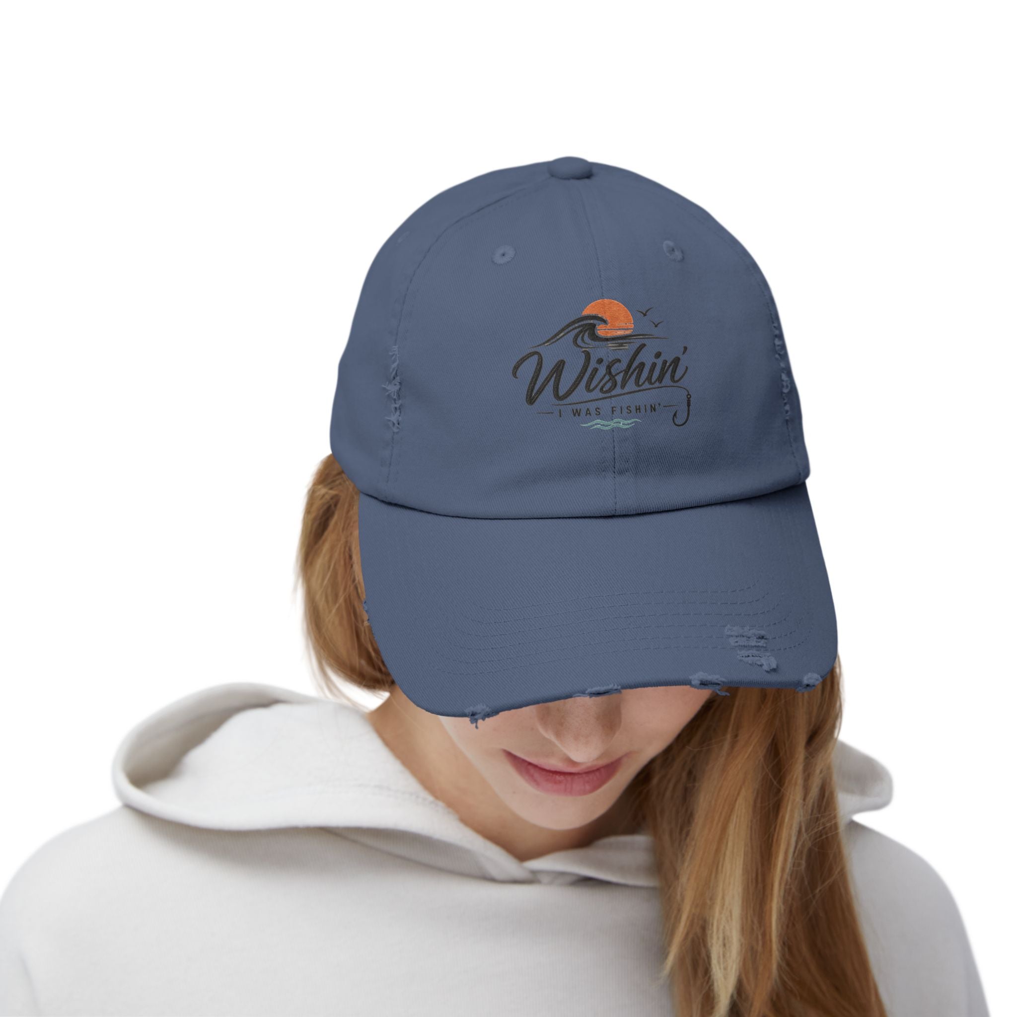 Distressed Baseball Cap - "Wishin' I Was Fishin'" Vintage Fishing Hat