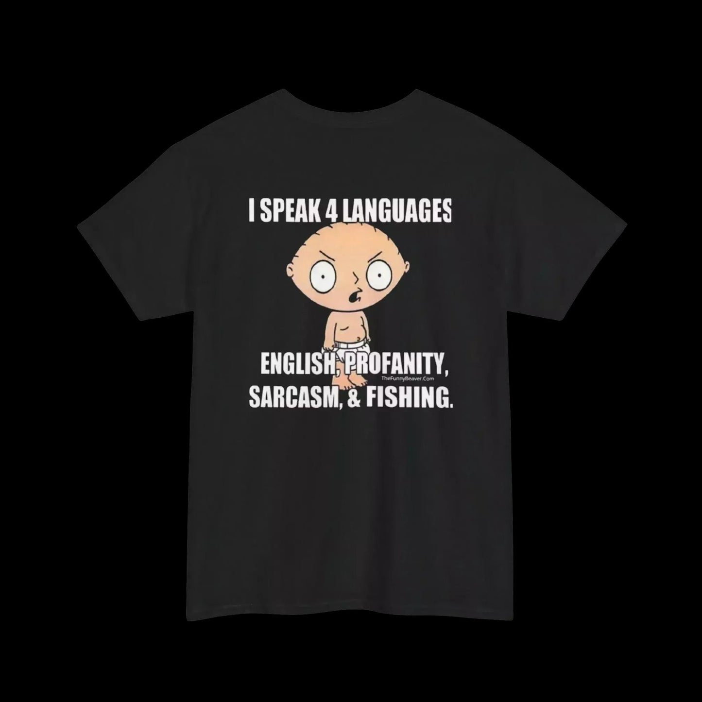 The image is a black t-shirt with a cartoon character and text printed on it.