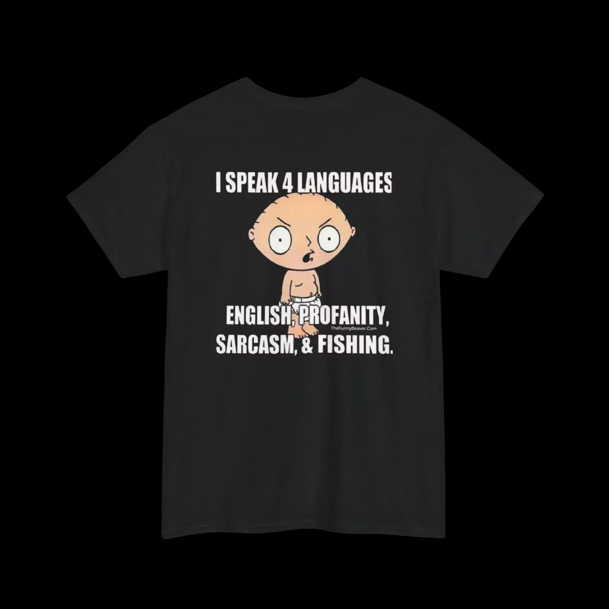 The image is a black t-shirt with a cartoon character and text printed on it.