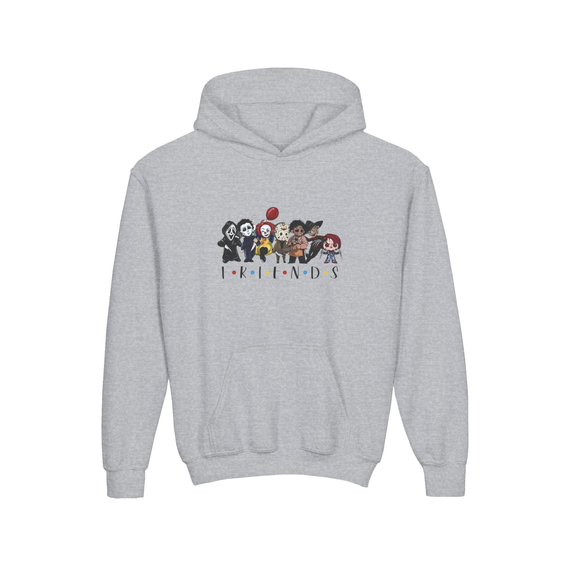 A grey hoodie with a graphic design featuring a group of cartoon characters.