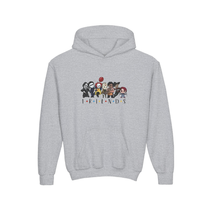 A grey hoodie with a graphic design featuring a group of cartoon characters.