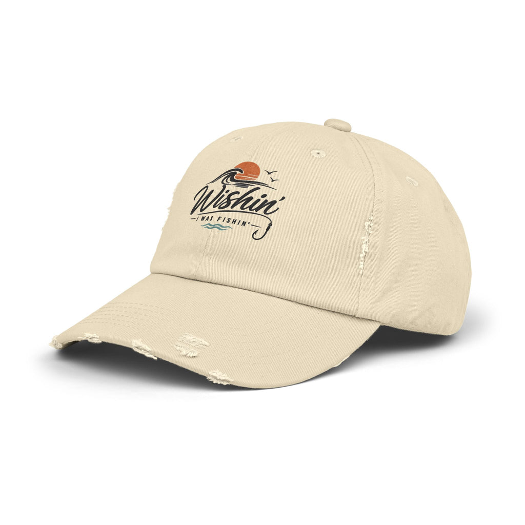 Distressed Baseball Cap - "Wishin' I Was Fishin'" Vintage Fishing Hat