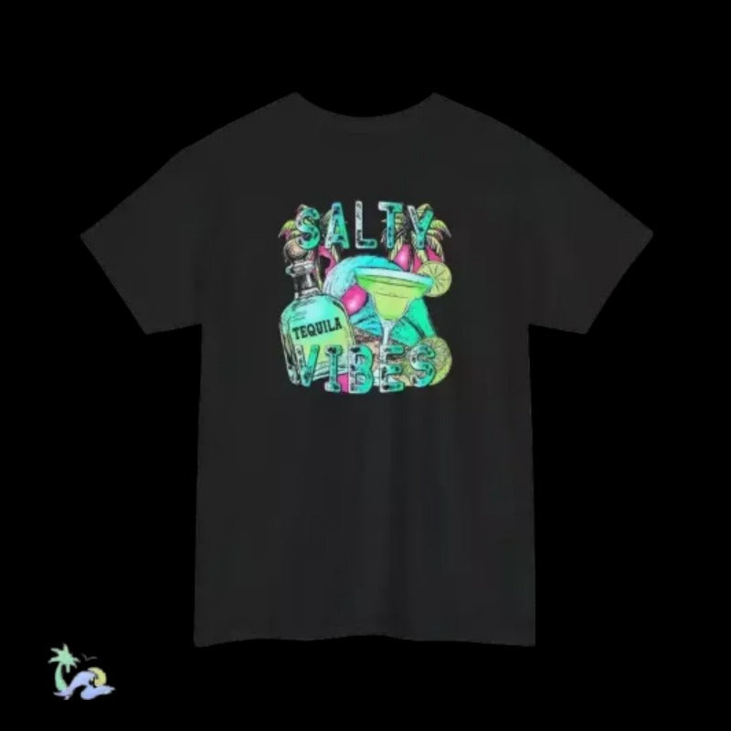 A black t-shirt with a colorful graphic design featuring a tequila bottle, a margarita glass, and the text "SALTY VIBES" in a stylized font.