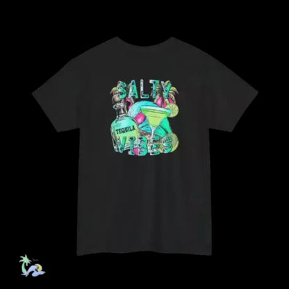 A black t-shirt with a colorful graphic design featuring a tequila bottle, a margarita glass, and the text "SALTY VIBES" in a stylized font.