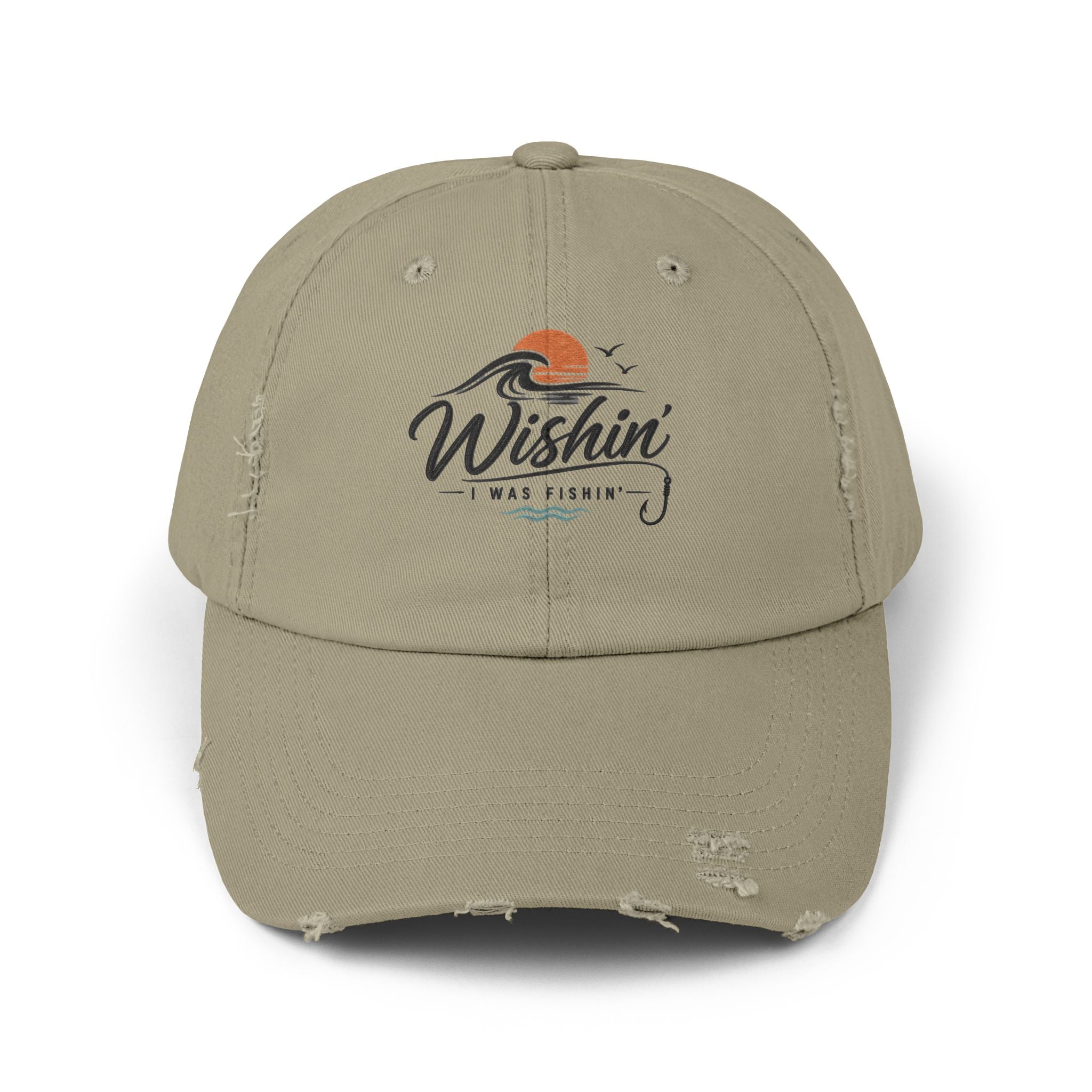 Distressed Baseball Cap - "Wishin' I Was Fishin'" Vintage Fishing Hat
