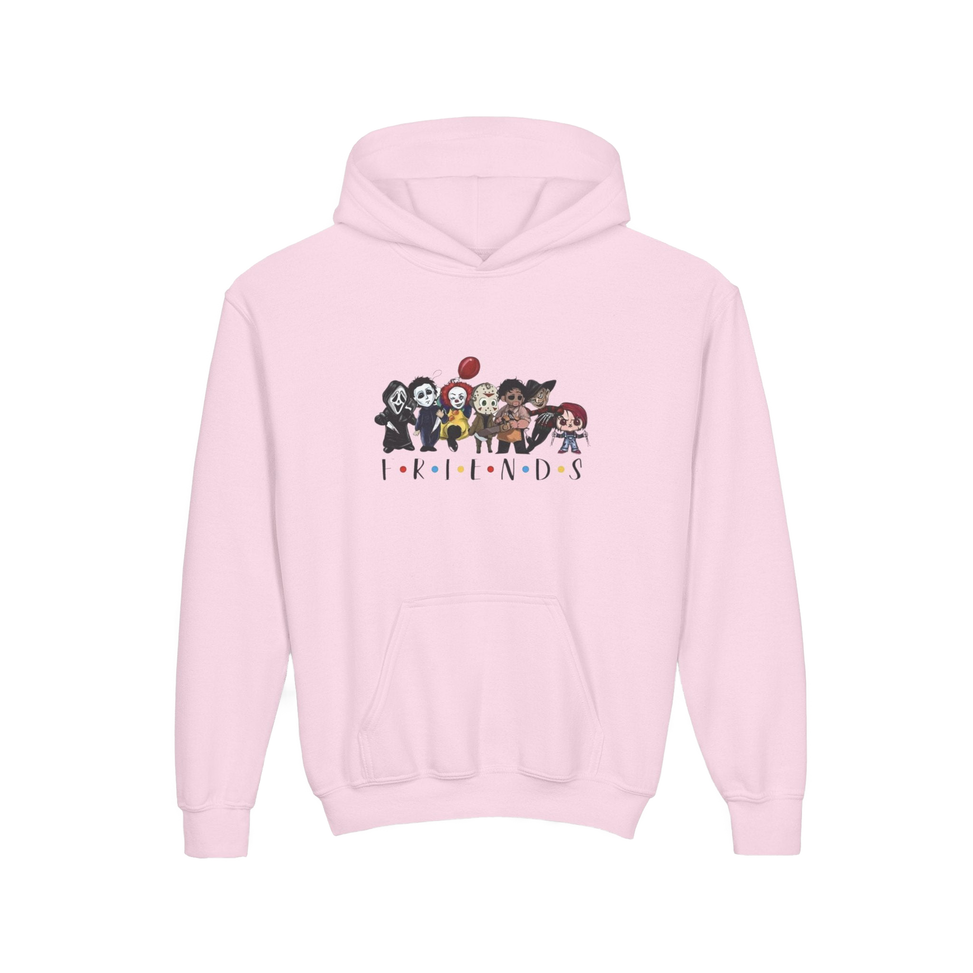 A pink hoodie with a graphic design featuring a group of cartoon characters.