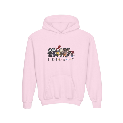 A pink hoodie with a graphic design featuring a group of cartoon characters.