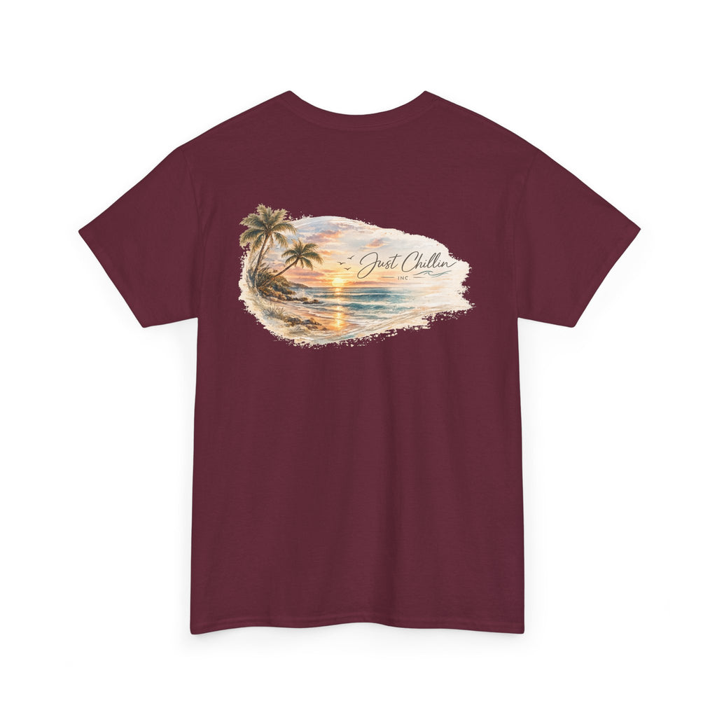 Just Chillin Sunset Palm Tee – Vintage Coastal Graphic T-Shirt