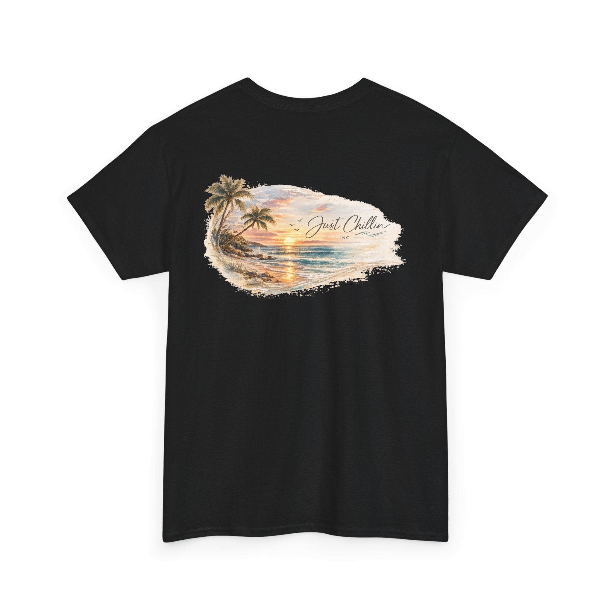Just Chillin Sunset Palm Tee – Vintage Coastal Graphic T-Shirt