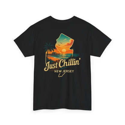 Unisex Heavy Cotton Tee - Just Chilling NJ Sunset Design, Casual Wear, Summer Vibes, Beach Outfit, Gift for Friends, Relaxation Tee