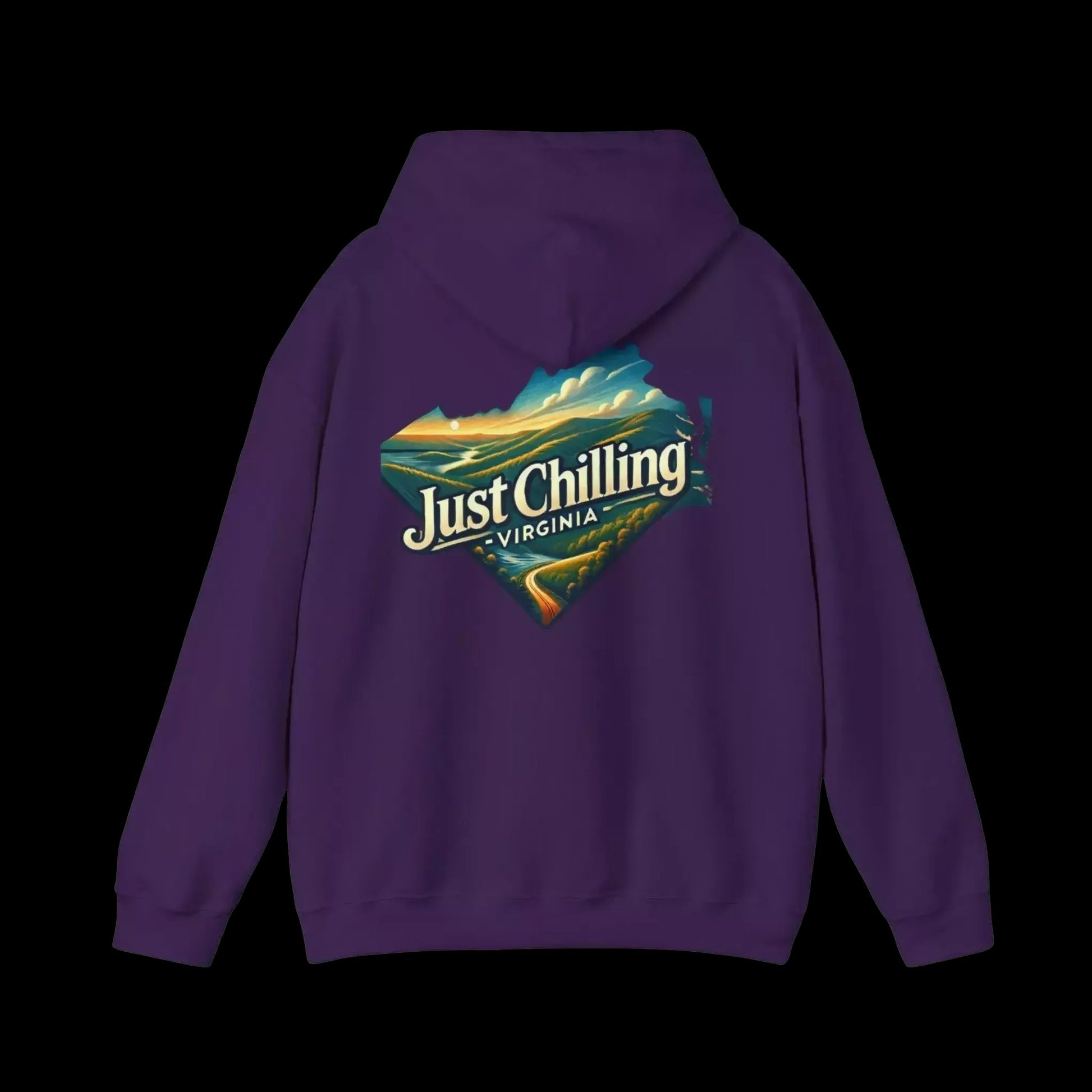 A purple hoodie with a graphic design on the back, featuring a scenic landscape with mountains and a body of water.