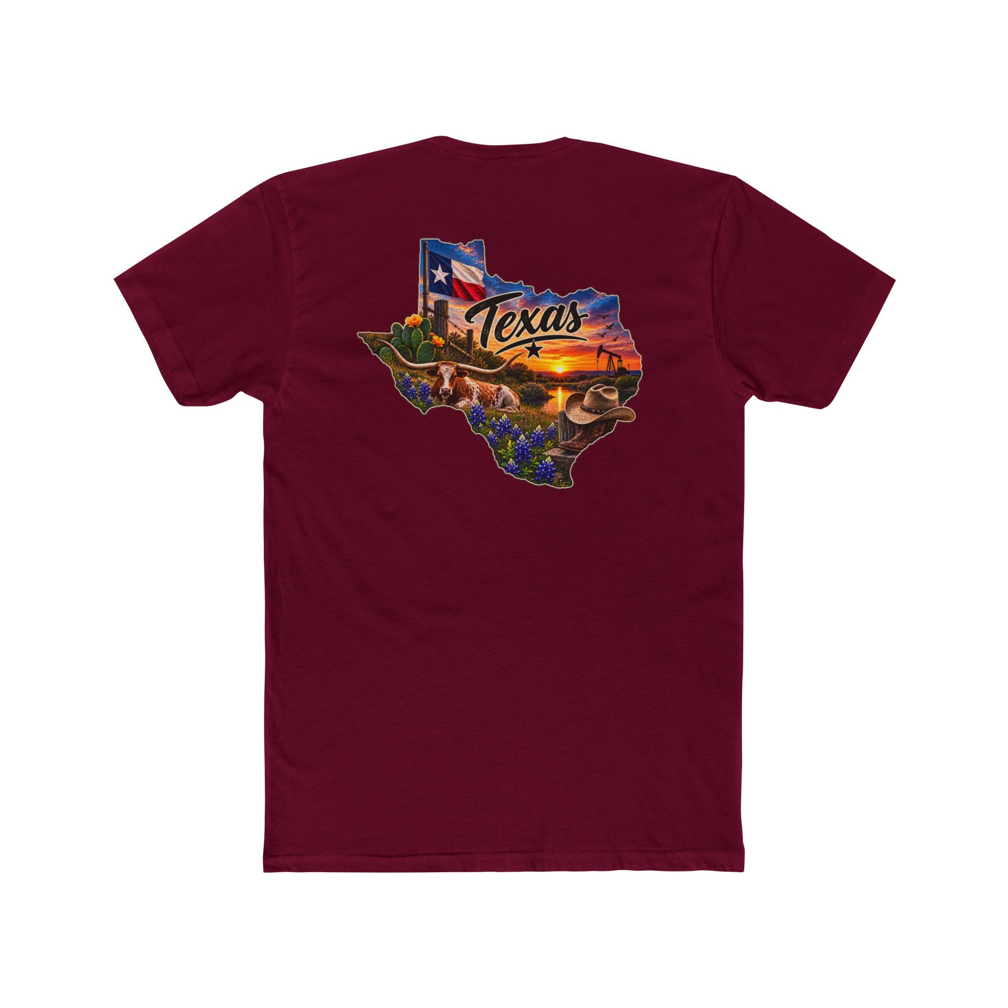 Texas State Map T-Shirt — Scenic Sunset & Flag Graphic
