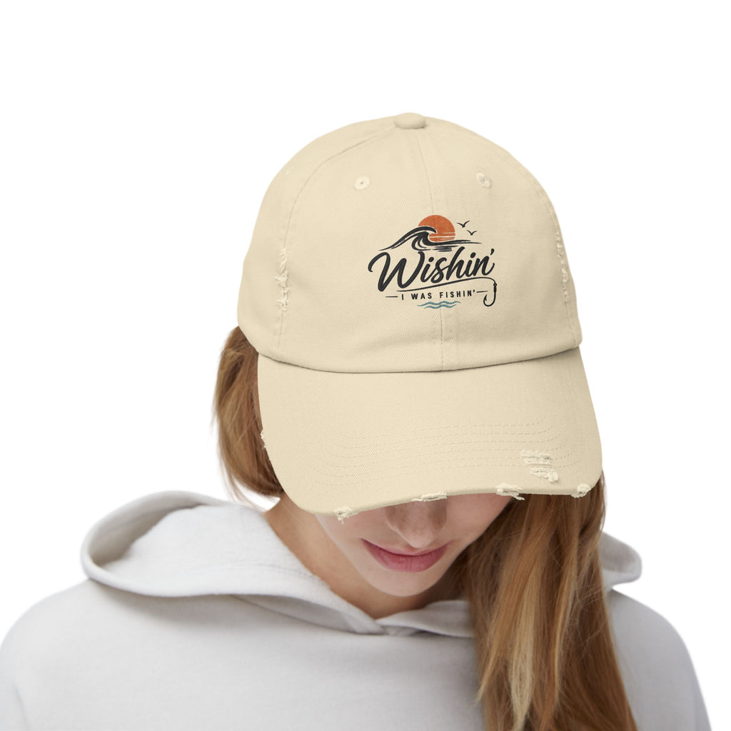 Distressed Baseball Cap - "Wishin' I Was Fishin'" Vintage Fishing Hat
