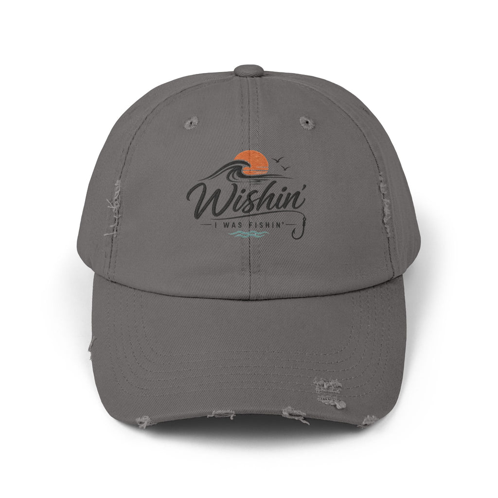 Distressed Baseball Cap - "Wishin' I Was Fishin'" Vintage Fishing Hat