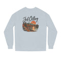 Back view of heather grey sweatshirt displaying detailed autumn landscape graphic with just chilling script over scenic lake