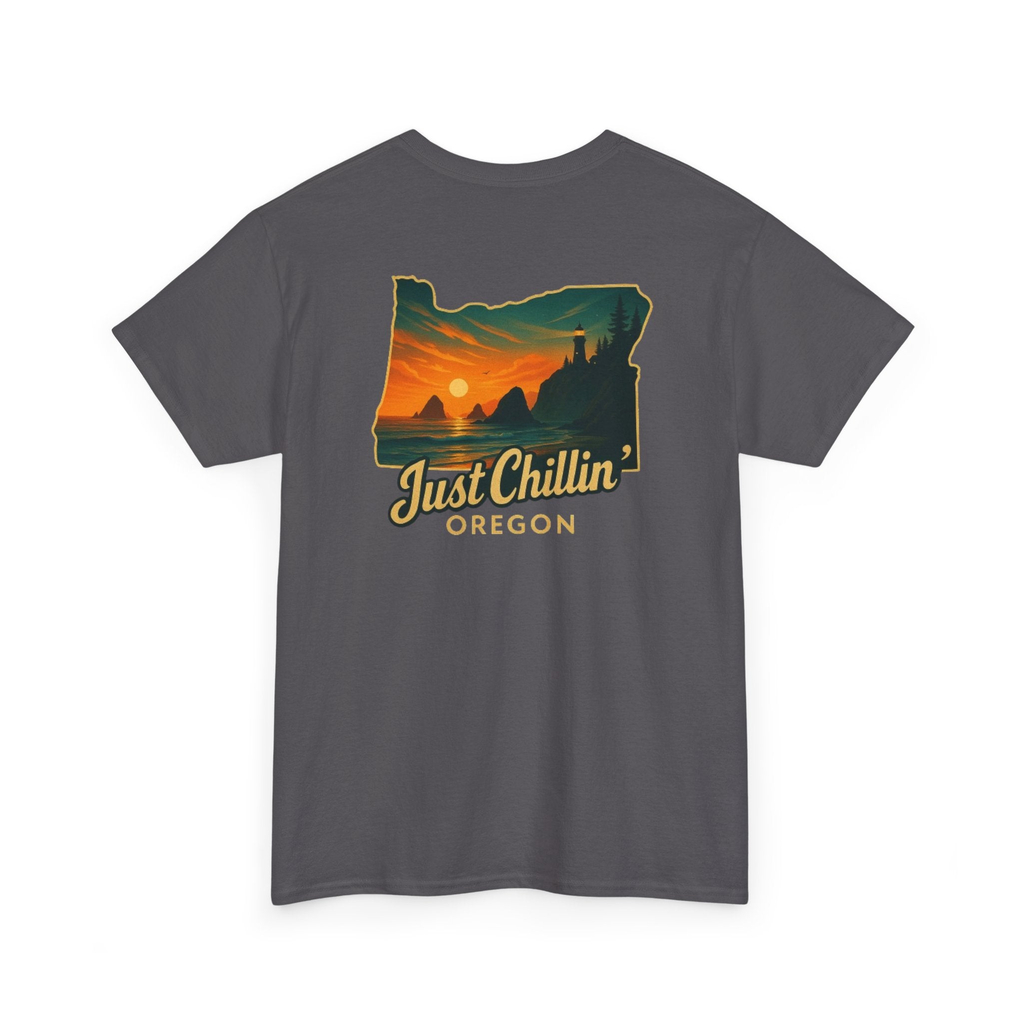 Just Chillin Oregon T-Shirt — Vintage Sunset State Silhouette Tee