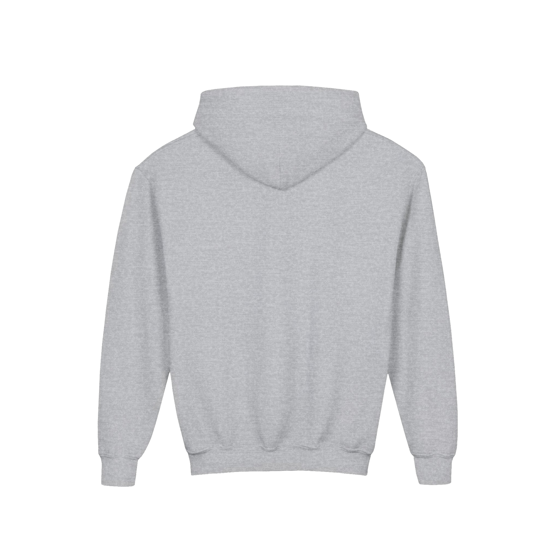 A plain, gray hooded sweatshirt is shown against a black background.