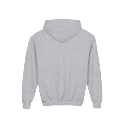 A plain, gray hooded sweatshirt is shown against a black background.