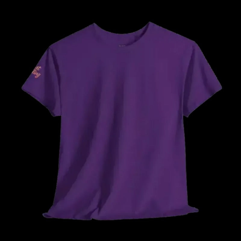 A purple t-shirt is shown against a black background.