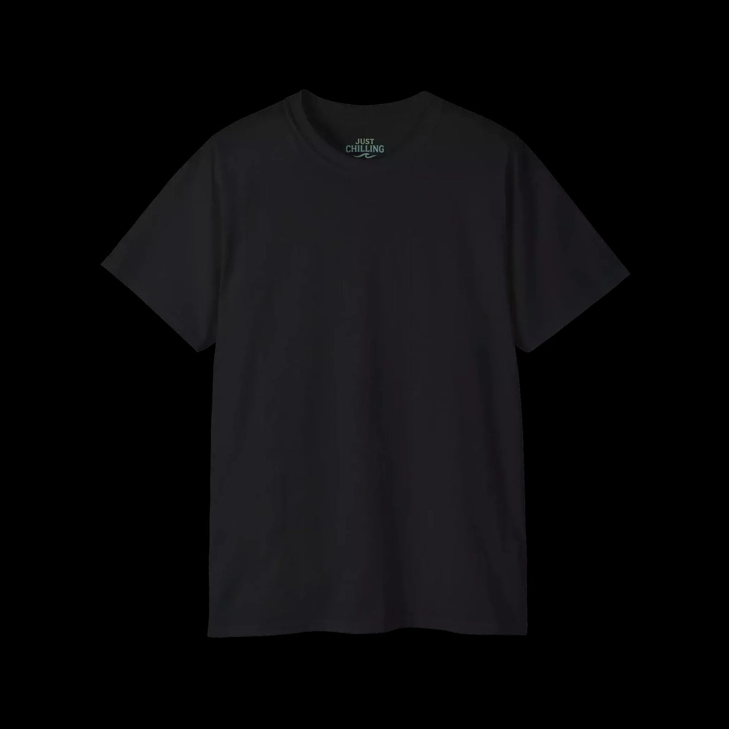 A plain black t-shirt against a black background.