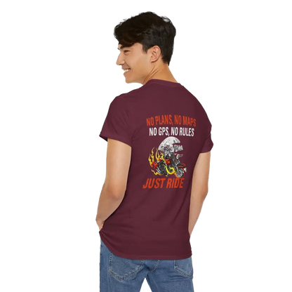 A person wearing a maroon t-shirt with text and graphics printed on the back.