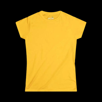 A plain yellow t-shirt against a black background.