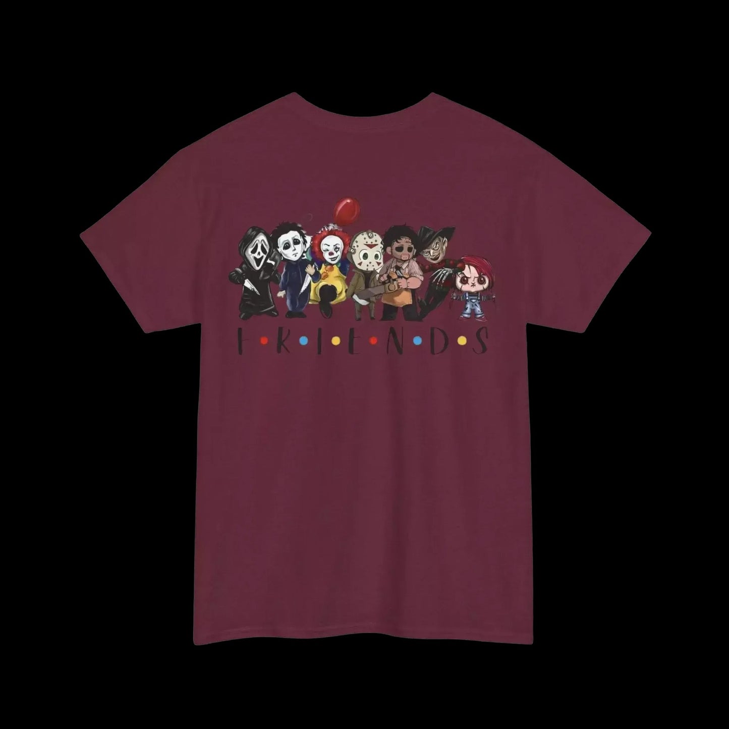 A t-shirt with a graphic design featuring a group of cartoon characters from the TV show Friends, including characters like Monica, Chandler, and Ross.