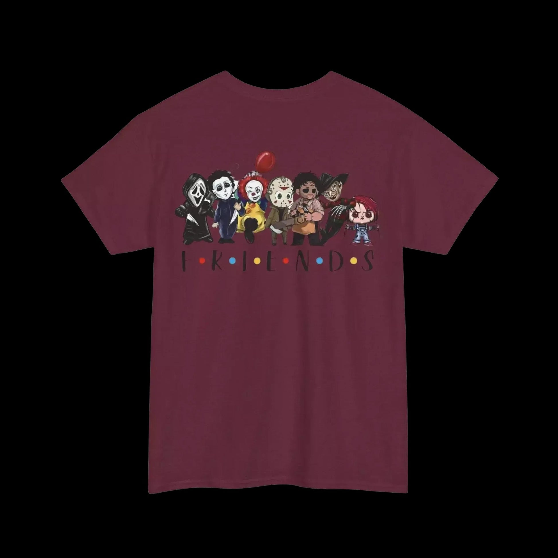 A t-shirt with a graphic design featuring a group of cartoon characters from the TV show Friends, including characters like Monica, Chandler, and Ross.
