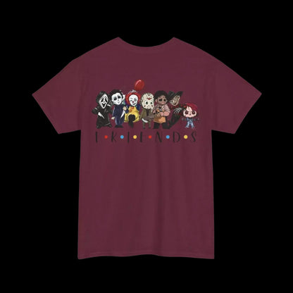 A t-shirt with a graphic design featuring a group of cartoon characters from the TV show Friends, including characters like Monica, Chandler, and Ross.
