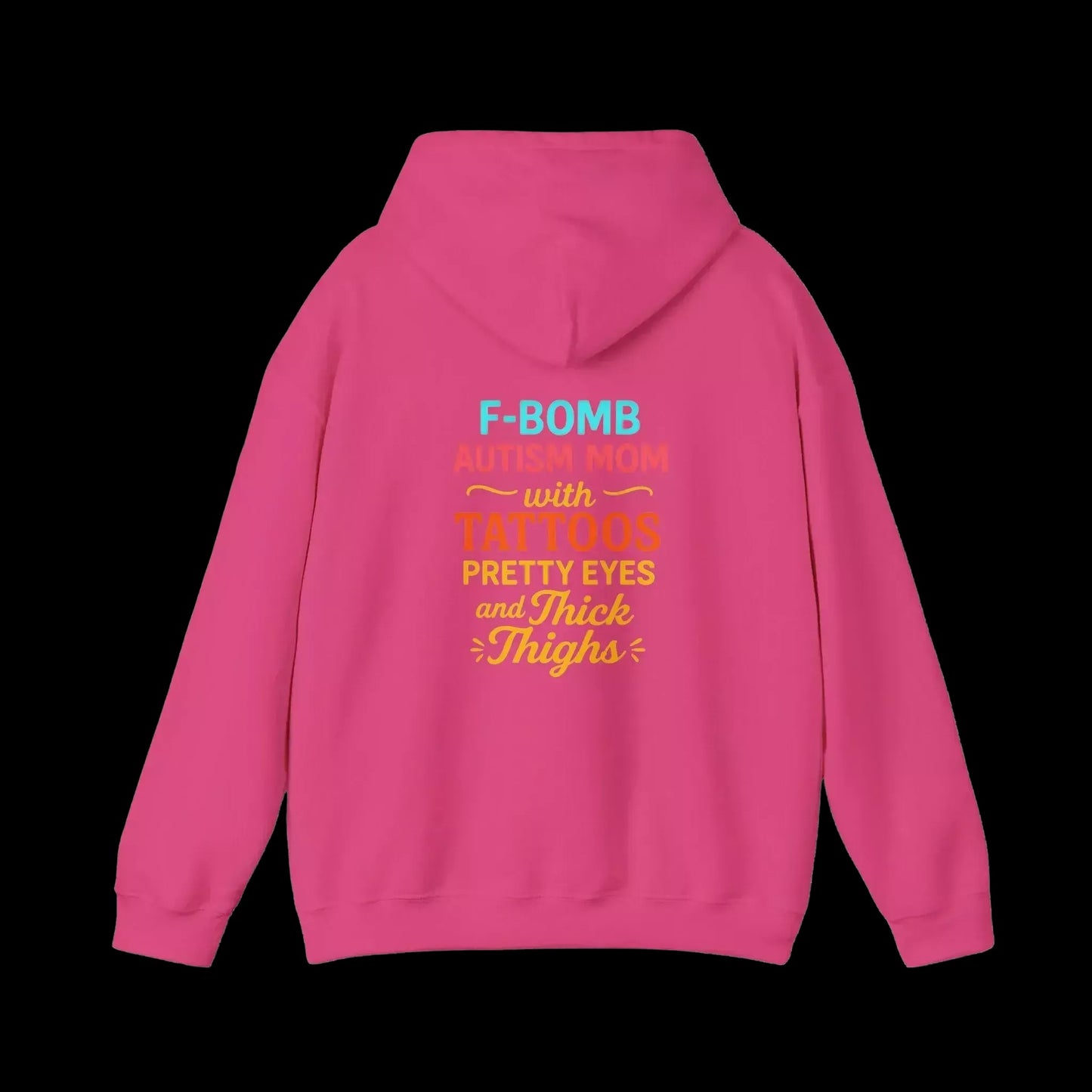 A bright pink hoodie with text printed on the back.