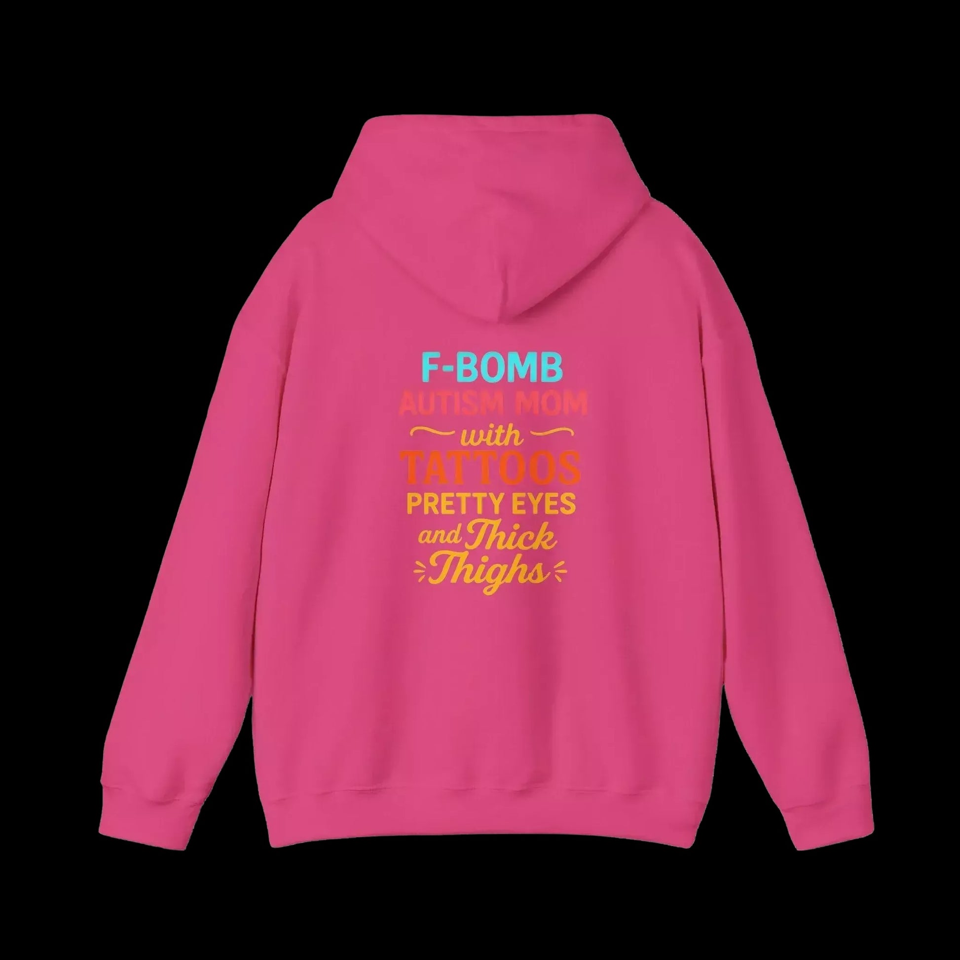 A bright pink hoodie with text printed on the back.