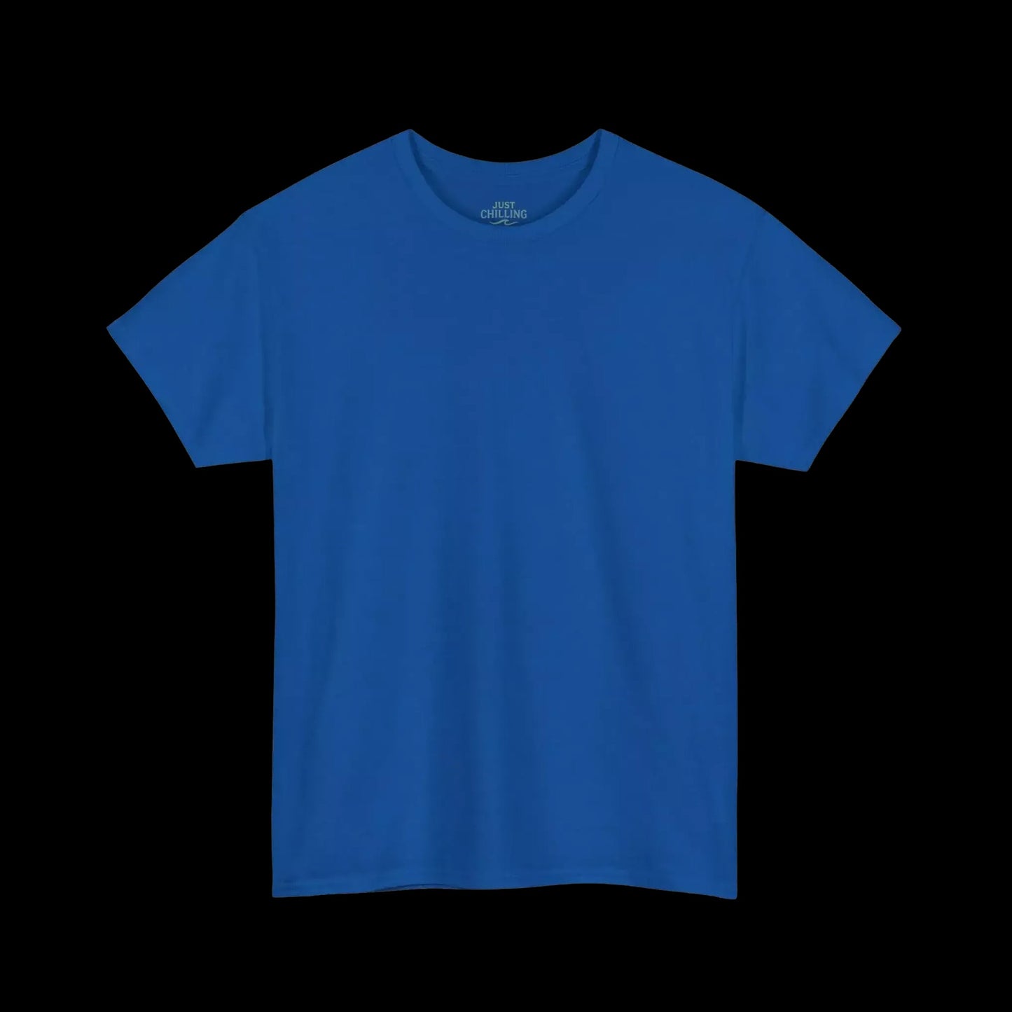 A plain, solid blue t-shirt against a black background.