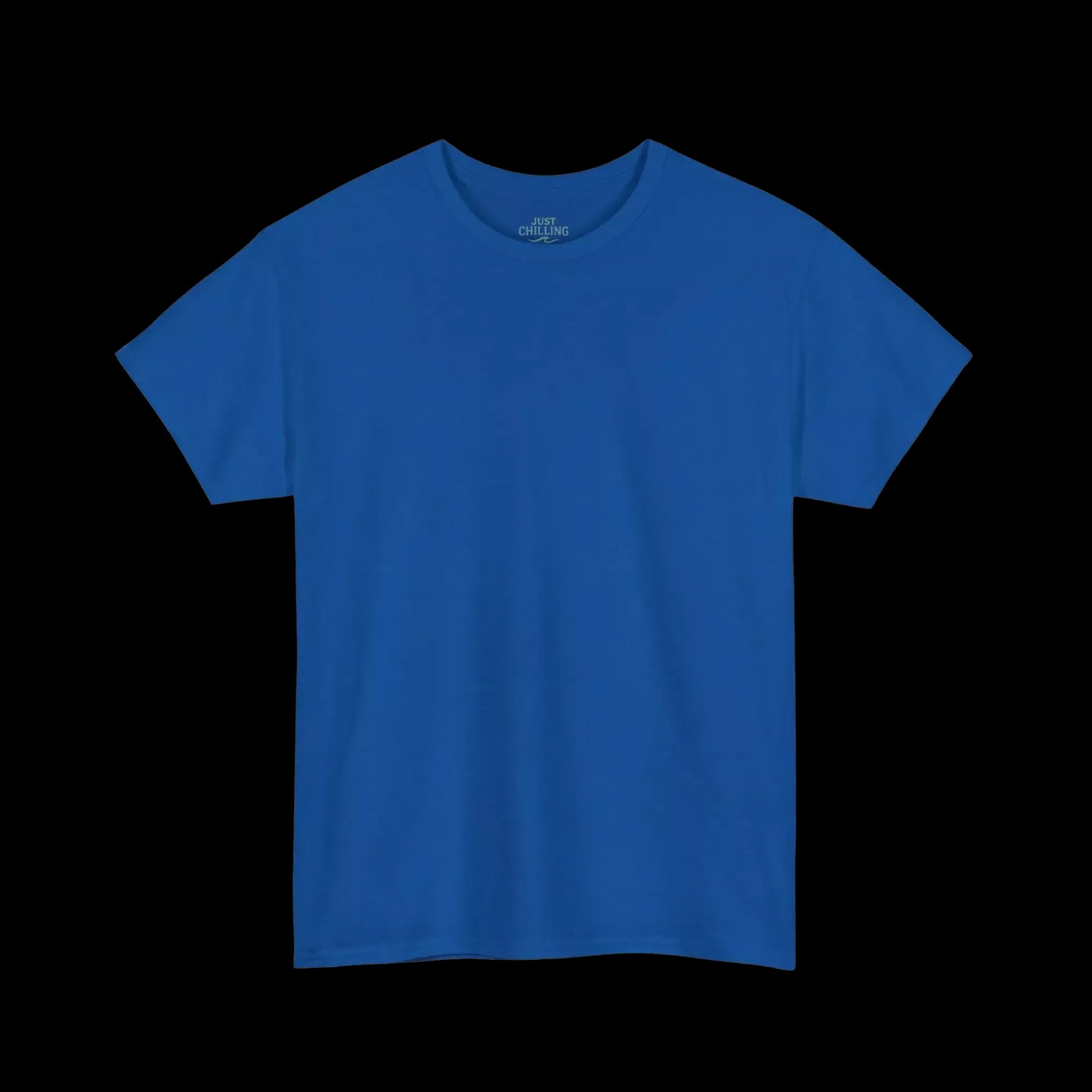 A plain, solid blue t-shirt against a black background.