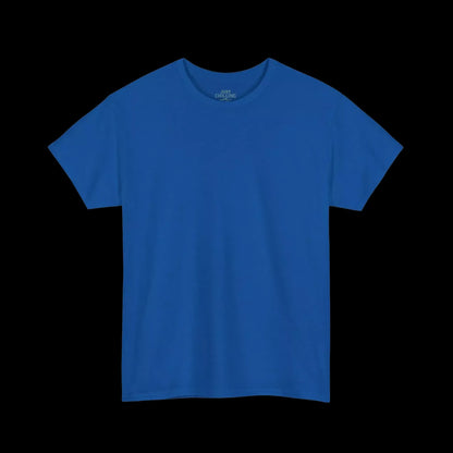A plain, solid blue t-shirt against a black background.